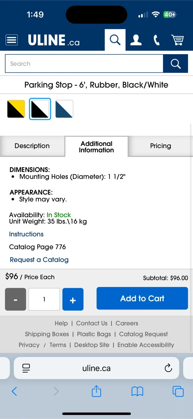 Uline Parking Stop - 6', Rubber, Black/White image indicator(3)