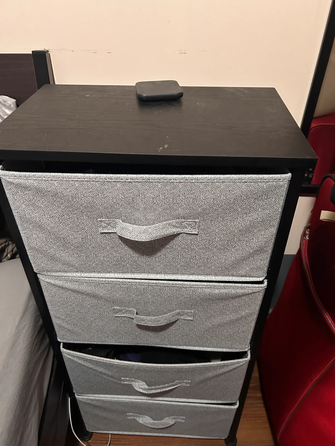4-Drawer Storage Tower - Black Frame, Grey Fabric Bins