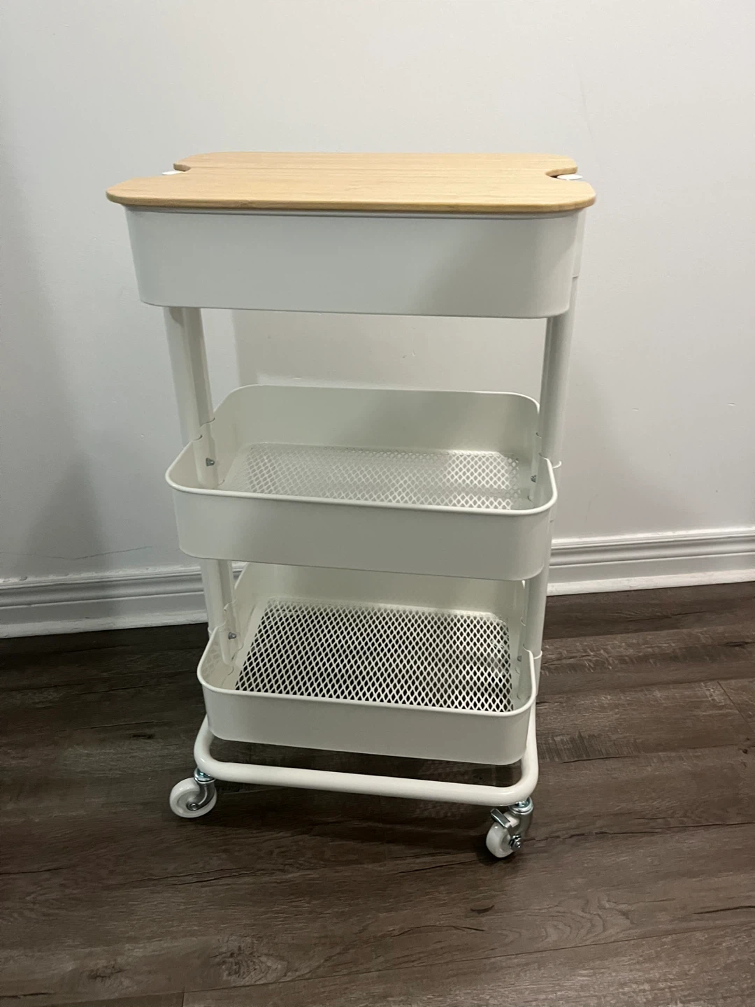 IKEA White Rolling Cart with Bamboo Top