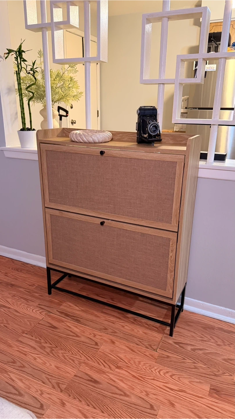 Shoe Storage Cabinet - Wood & Rattan Style