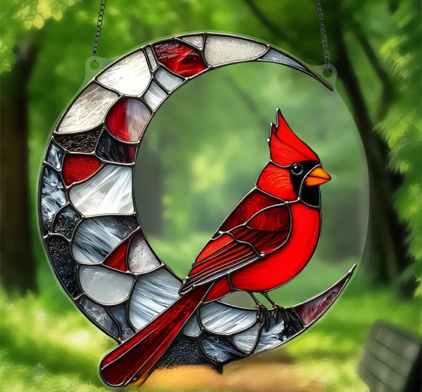 2D acrylic sun catcher, crescent cardinal. New