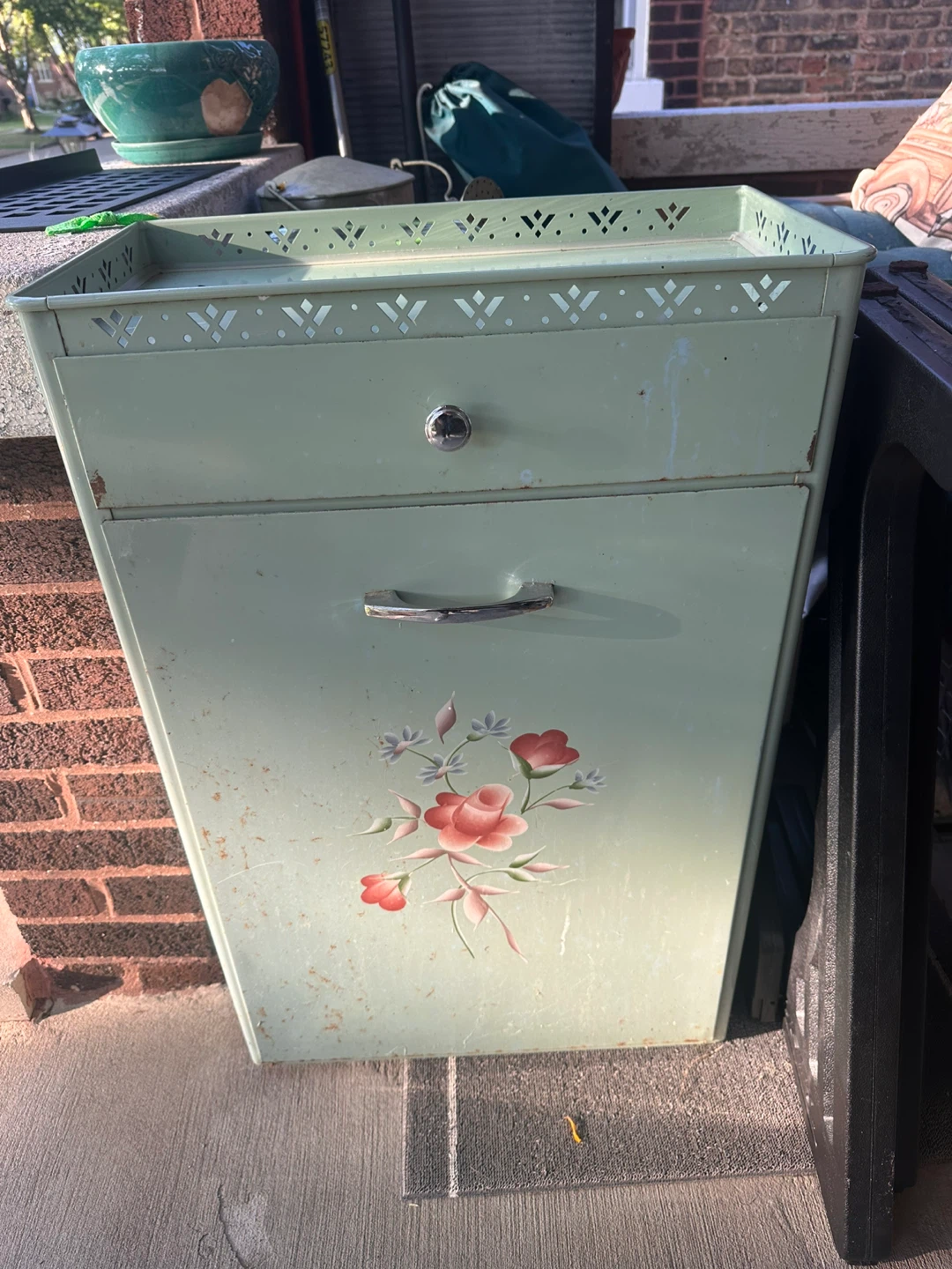 Vintage metal cabinet with drawer and hamper🥕