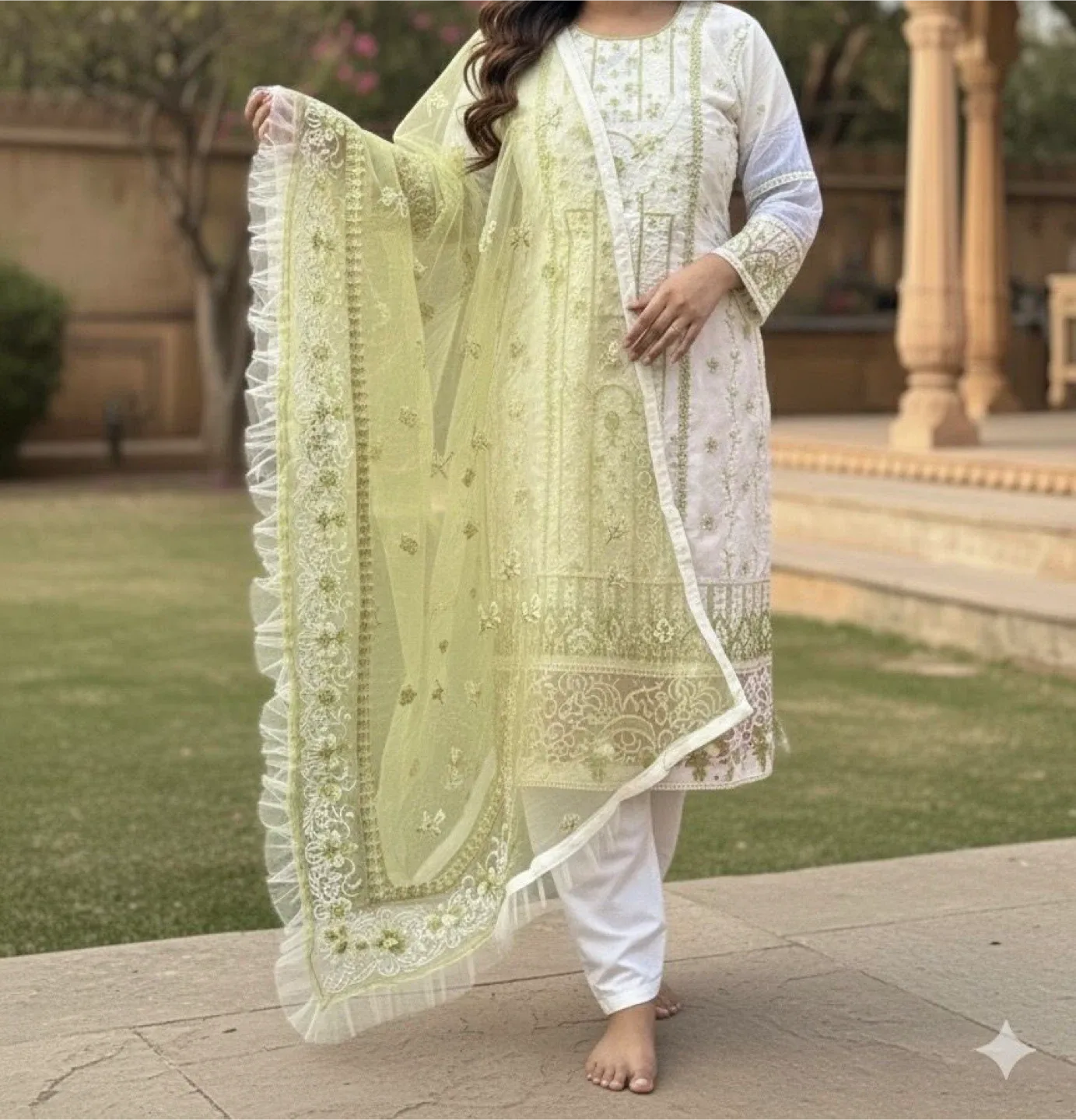 Embroidered Salwar Kameez Suit - White & Light Green thumbnail