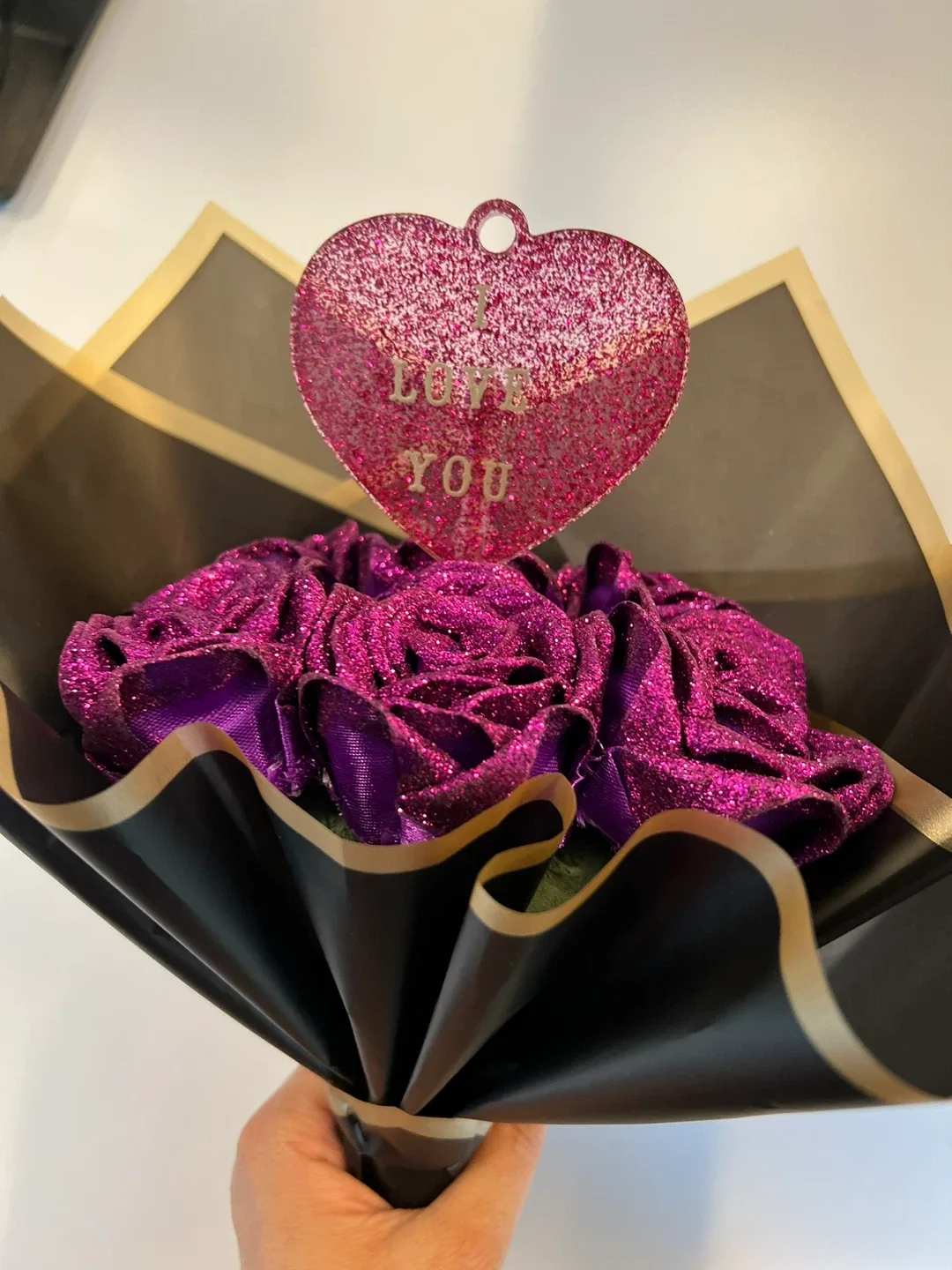 Purple Glitter Rose Bouquet with 'I Love You' Heart image indicator(3)