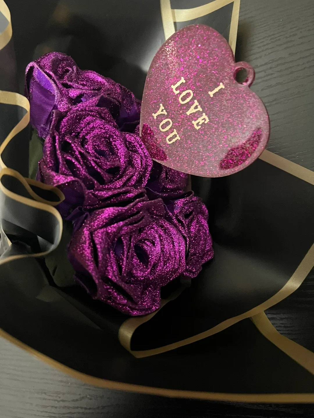 Purple Glitter Rose Bouquet with 'I Love You' Heart image indicator(2)