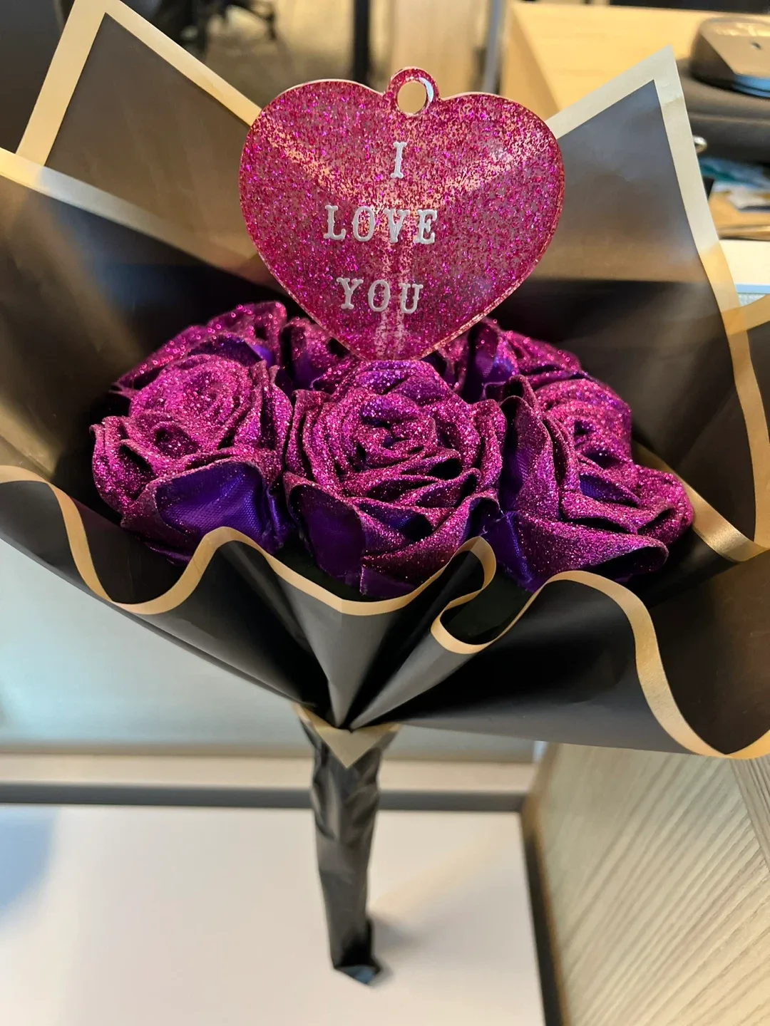 Purple Glitter Rose Bouquet with 'I Love You' Heart image indicator(4)