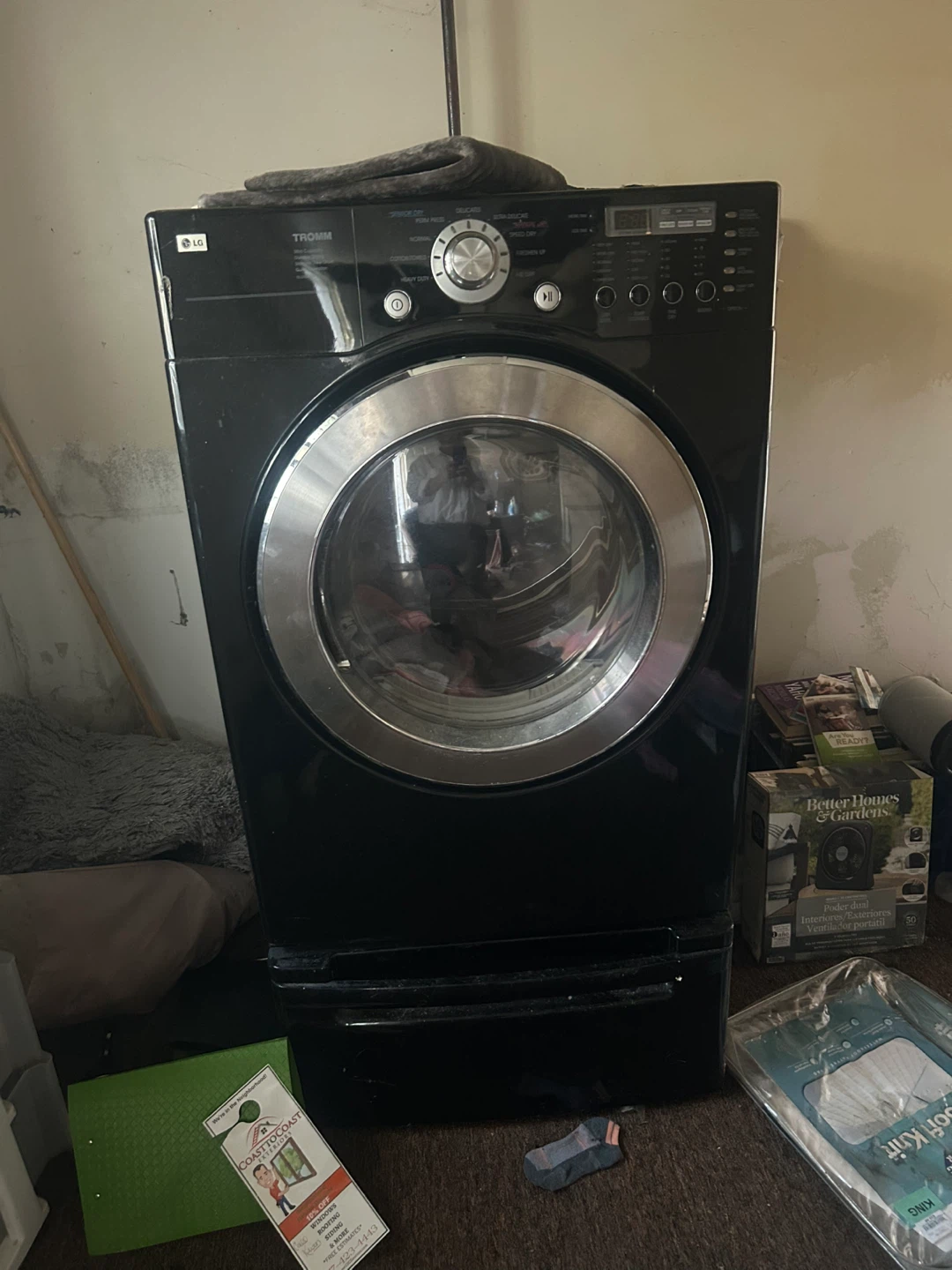 LG washer, and dryer with pedestal shelves