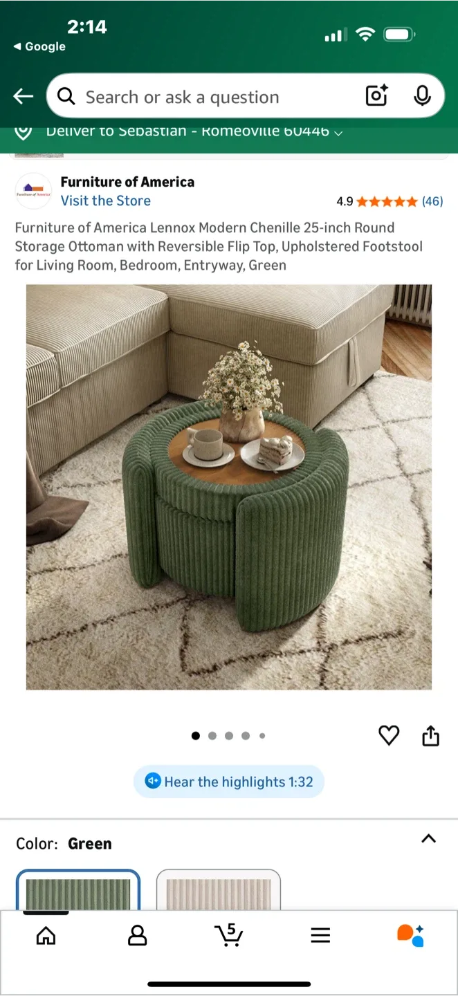 Furniture of America Lennox Round Storage Ottoman - Green image indicator(2)