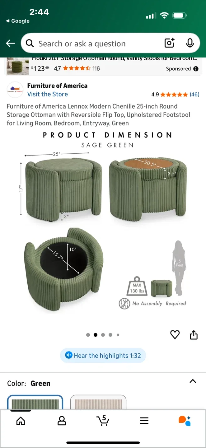 Furniture of America Lennox Round Storage Ottoman - Green image indicator(4)