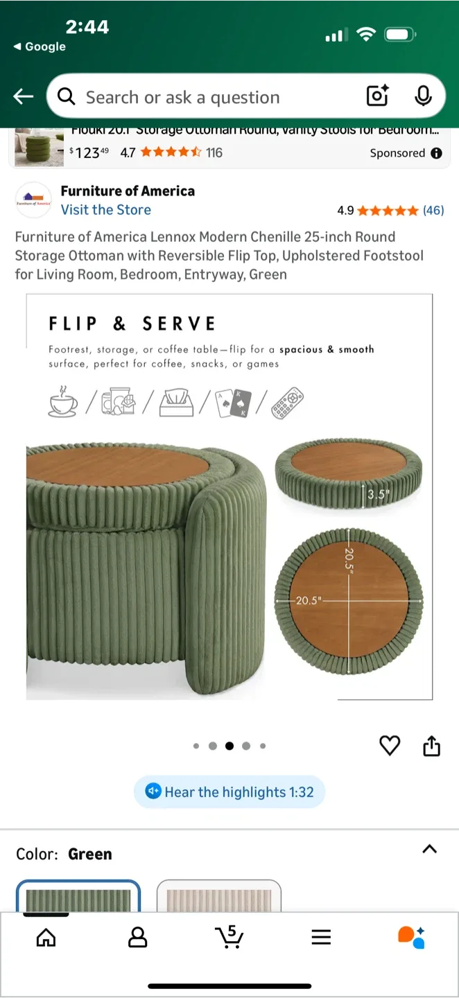 Furniture of America Lennox Round Storage Ottoman - Green image indicator(6)