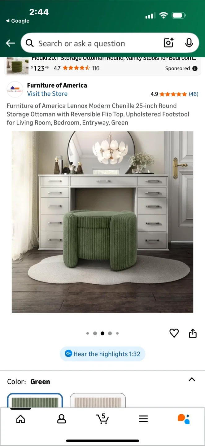 Furniture of America Lennox Round Storage Ottoman - Green image indicator(7)