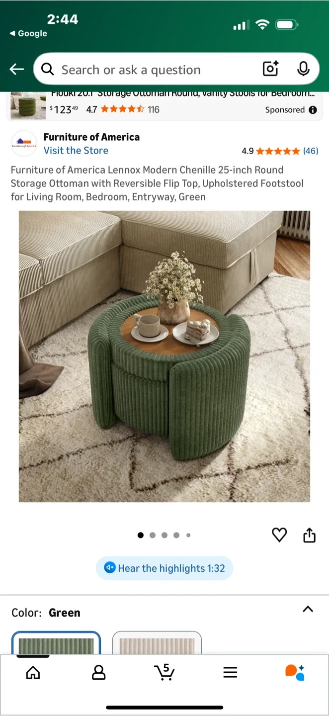 Furniture of America Lennox Round Storage Ottoman - Green image indicator(9)