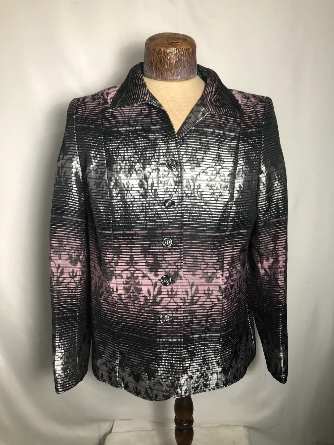 Women’s Blazer. Shiny Black,Pink,Silver. Size 10.