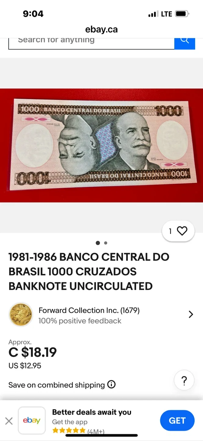 Vintage 1981-1986 Banco Central Do Brasil 1000 Cruzados Banknote image indicator(5)