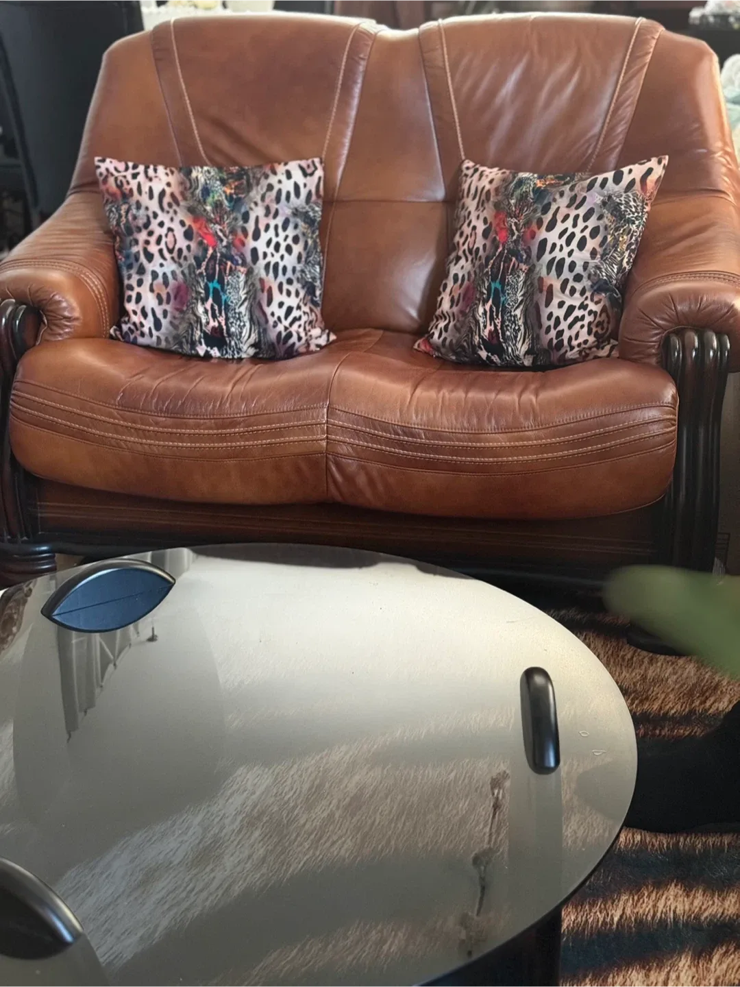 Brown Leather Sofa bed & loveseat easy ground level pickup image indicator(2)