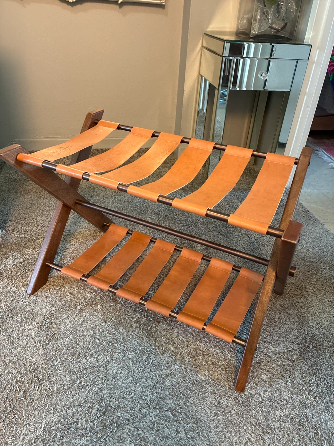 Folding Luggage Rack - Brown Leather Straps