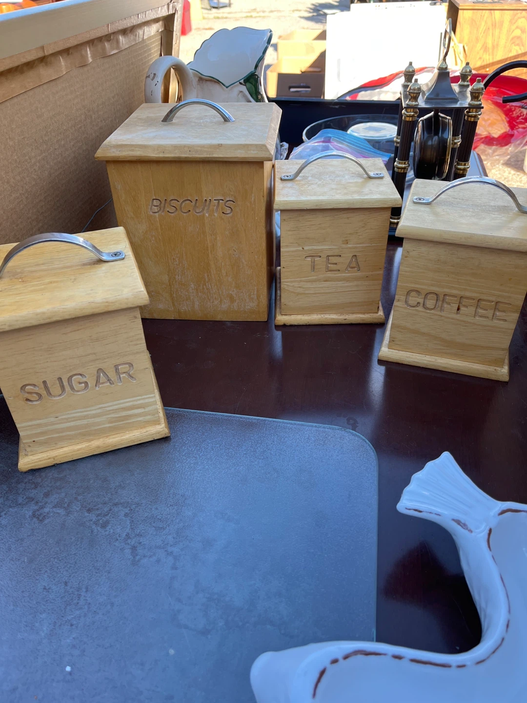 Wooden Canister Set: Sugar, Tea, Coffee, Biscuits