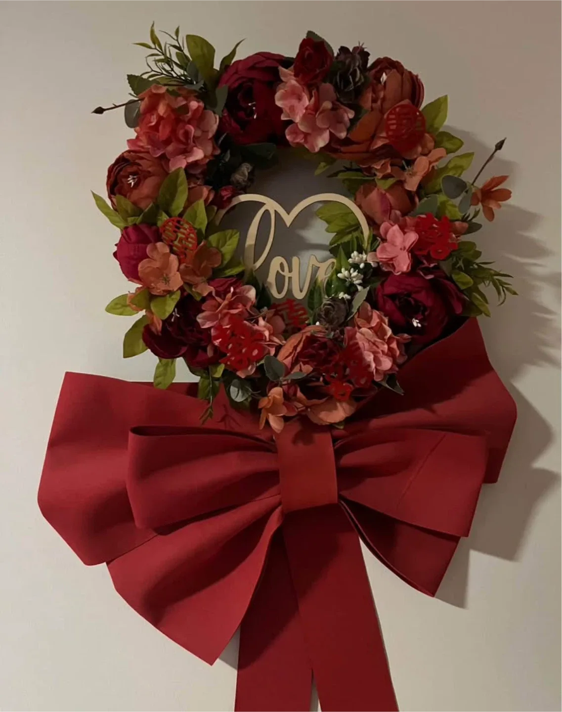 Floral Heart Wreath with Red Bow