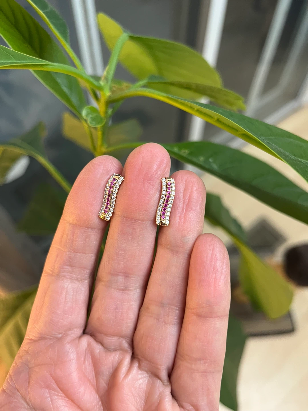 Gold plated Earrings with Pink & White Stones - photo 4
