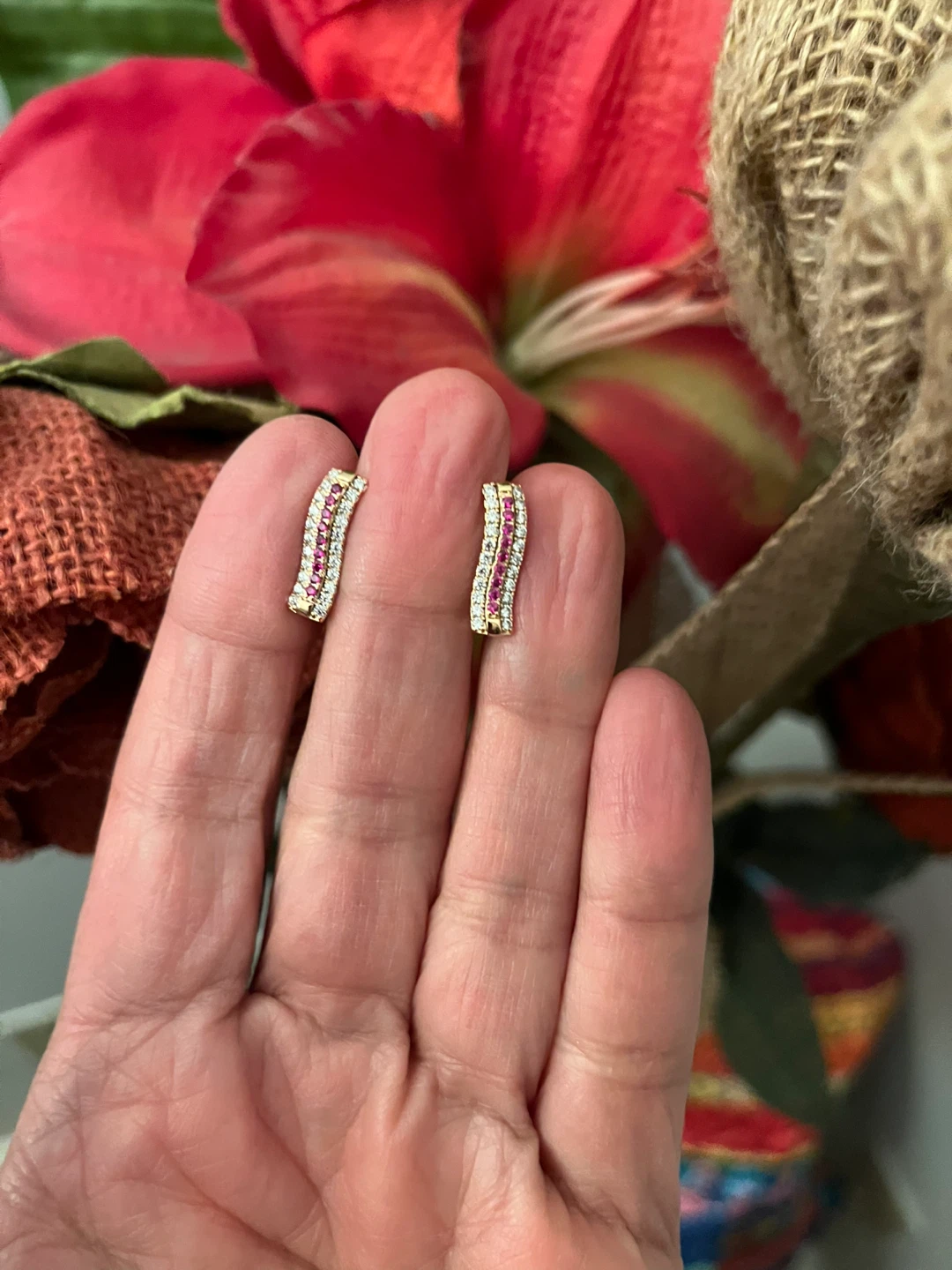 Gold plated Earrings with Pink & White Stones - photo 3
