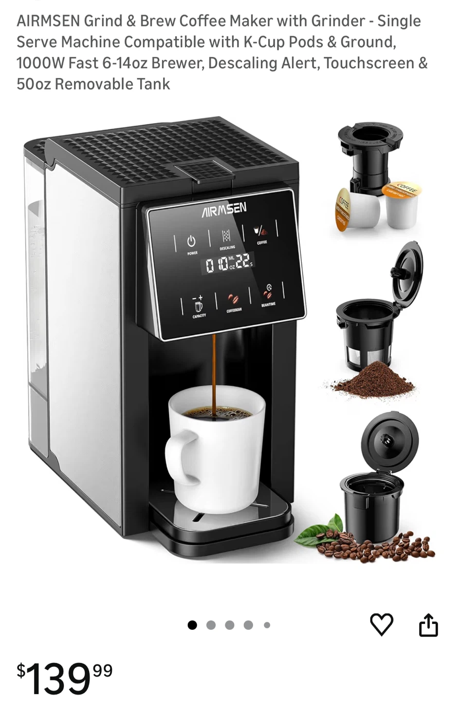 AIRMSEN Grind & Brew Coffee Maker with Grinder