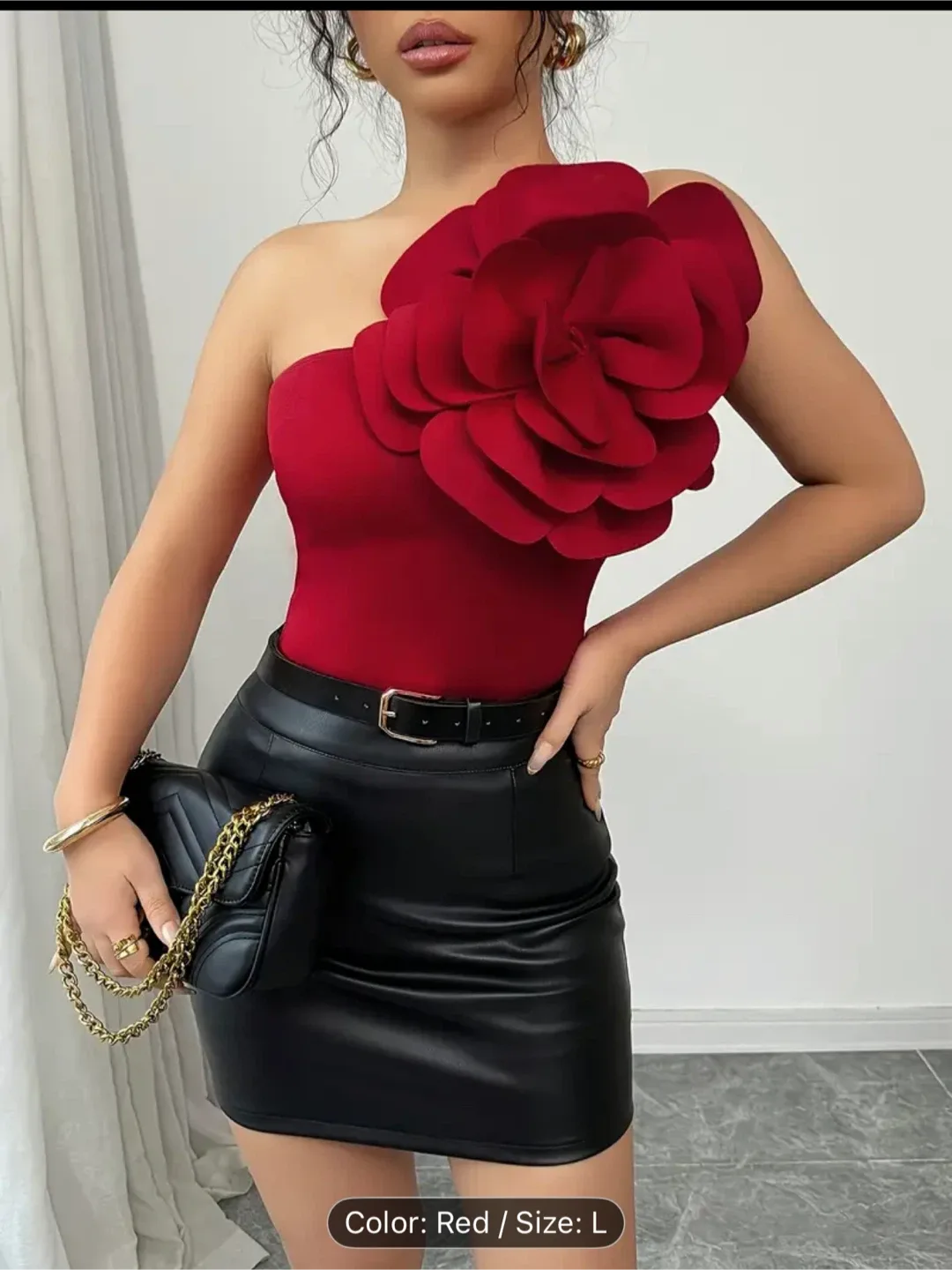 Red One-Shoulder Floral Top - Size M/L/xl