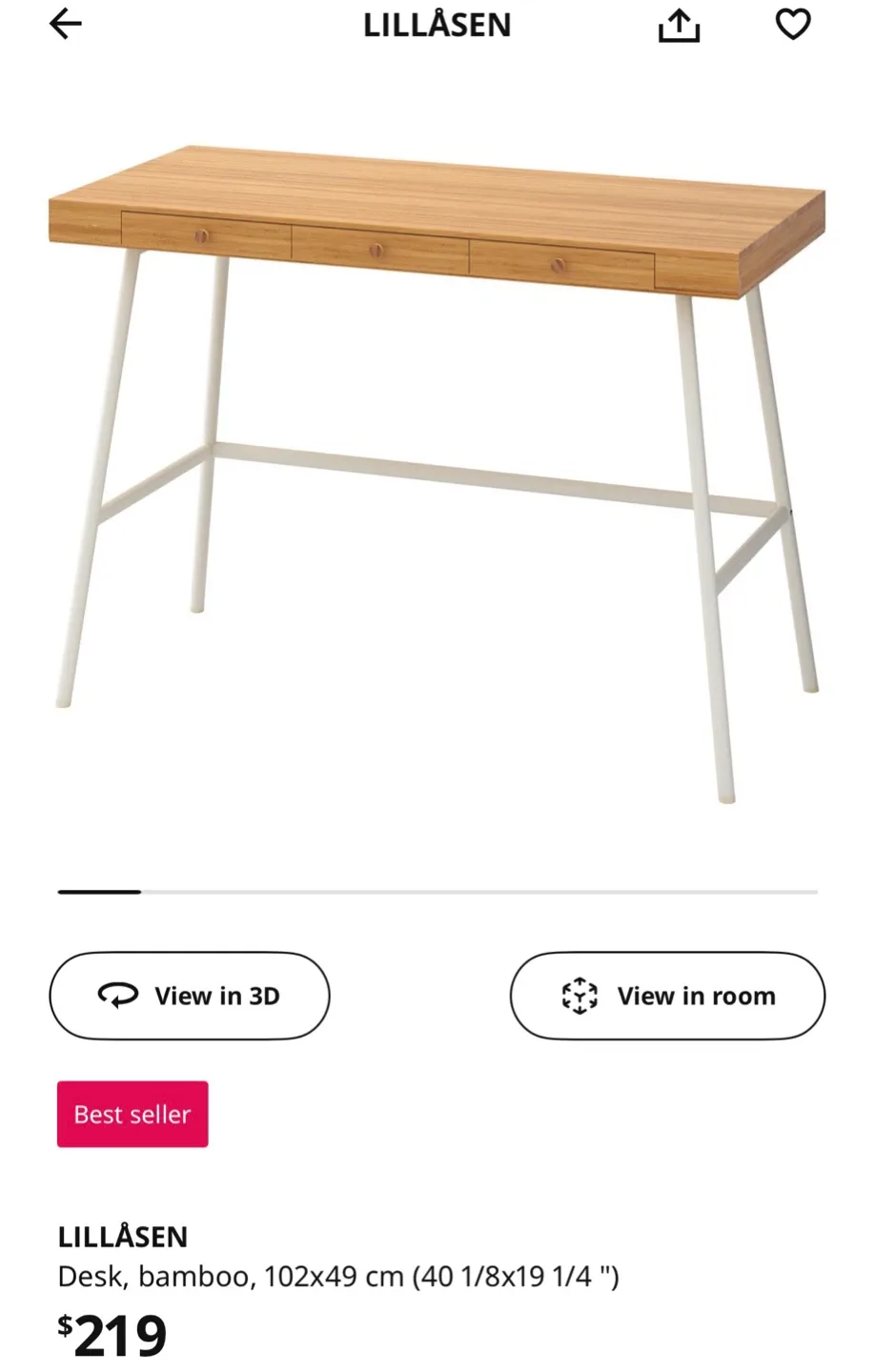 IKEA LILLÅSEN Desk - Bamboo Top, White Legs thumbnail