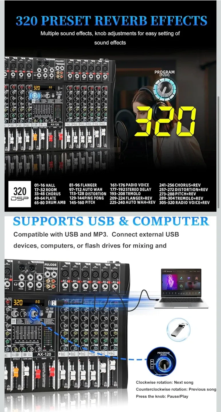 FULODE AX-120 Audio Mixer w/ 320 DSP Effects image indicator(3)