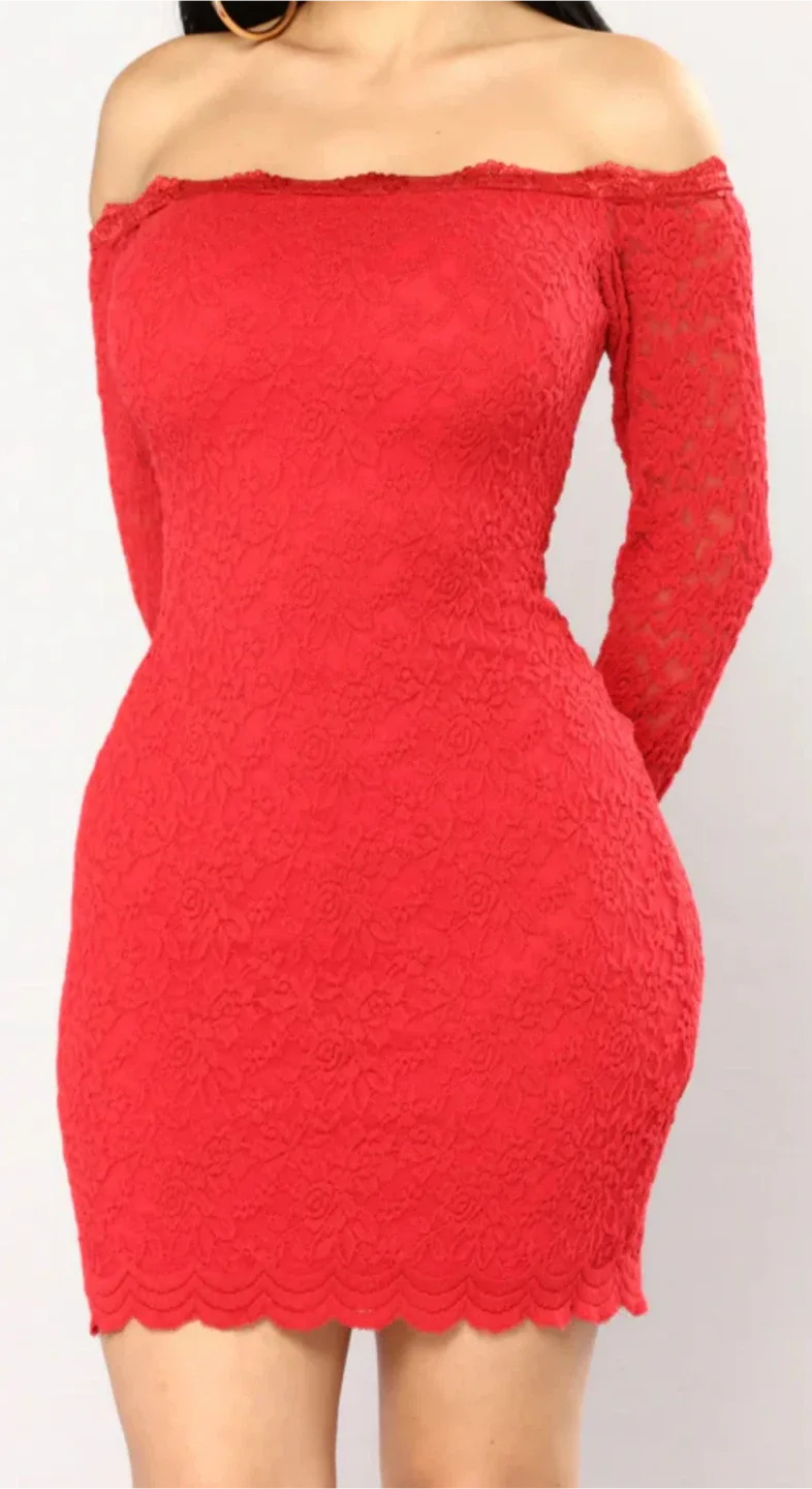 Fashion Nova Red Lace Off Shoulder Dress image indicator(3)