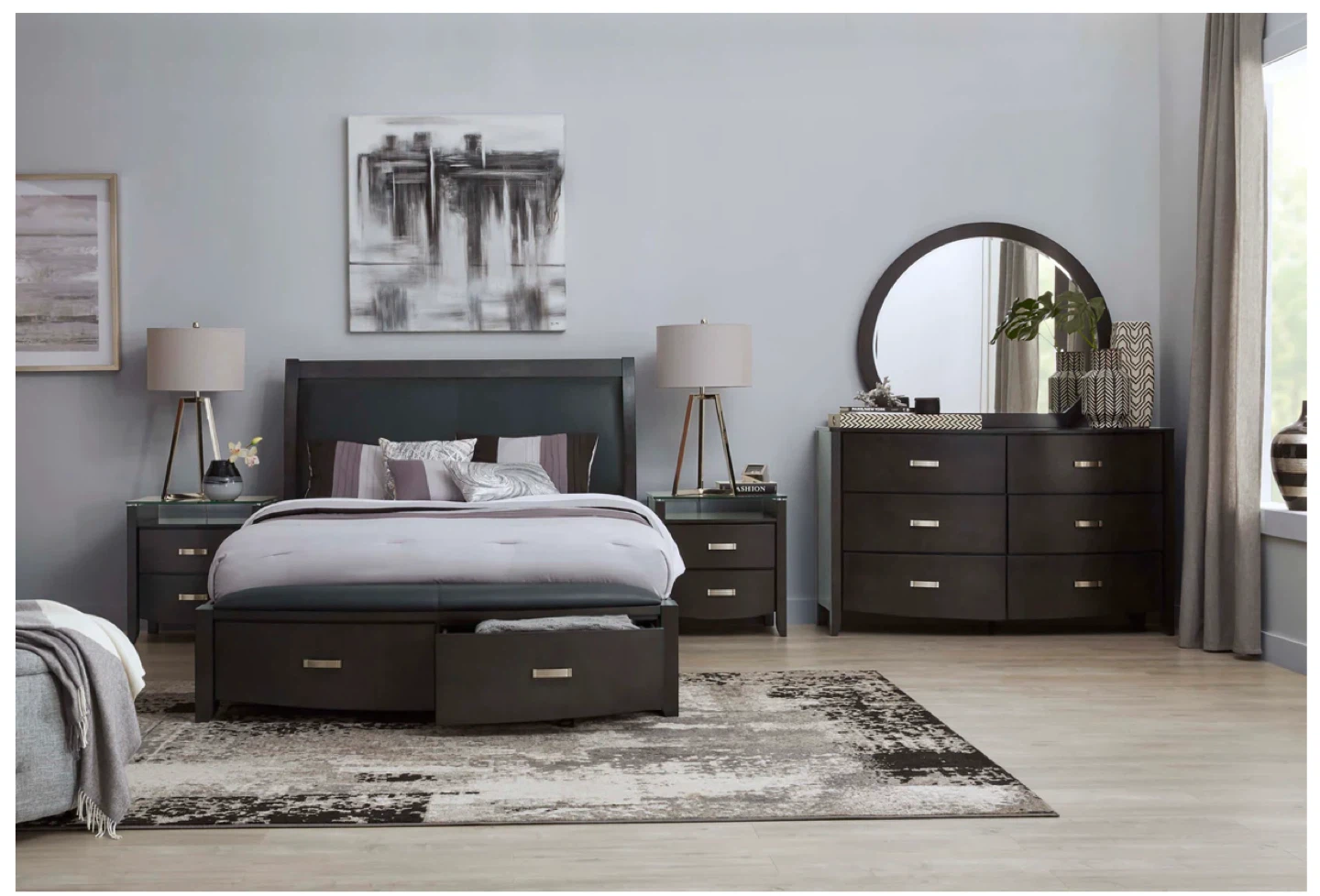 Cinema Queen Bedroom Set - Nightstand x2, Dresser, Mirror, Chest
