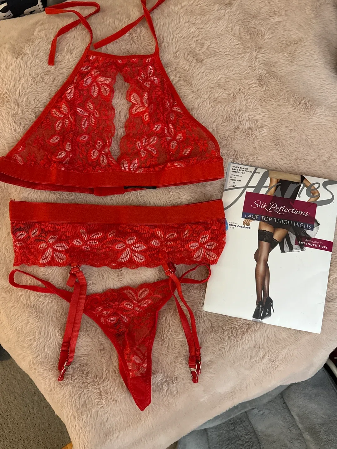 4 piece lingerie set with silk reflections lace top thigh highs thumbnail