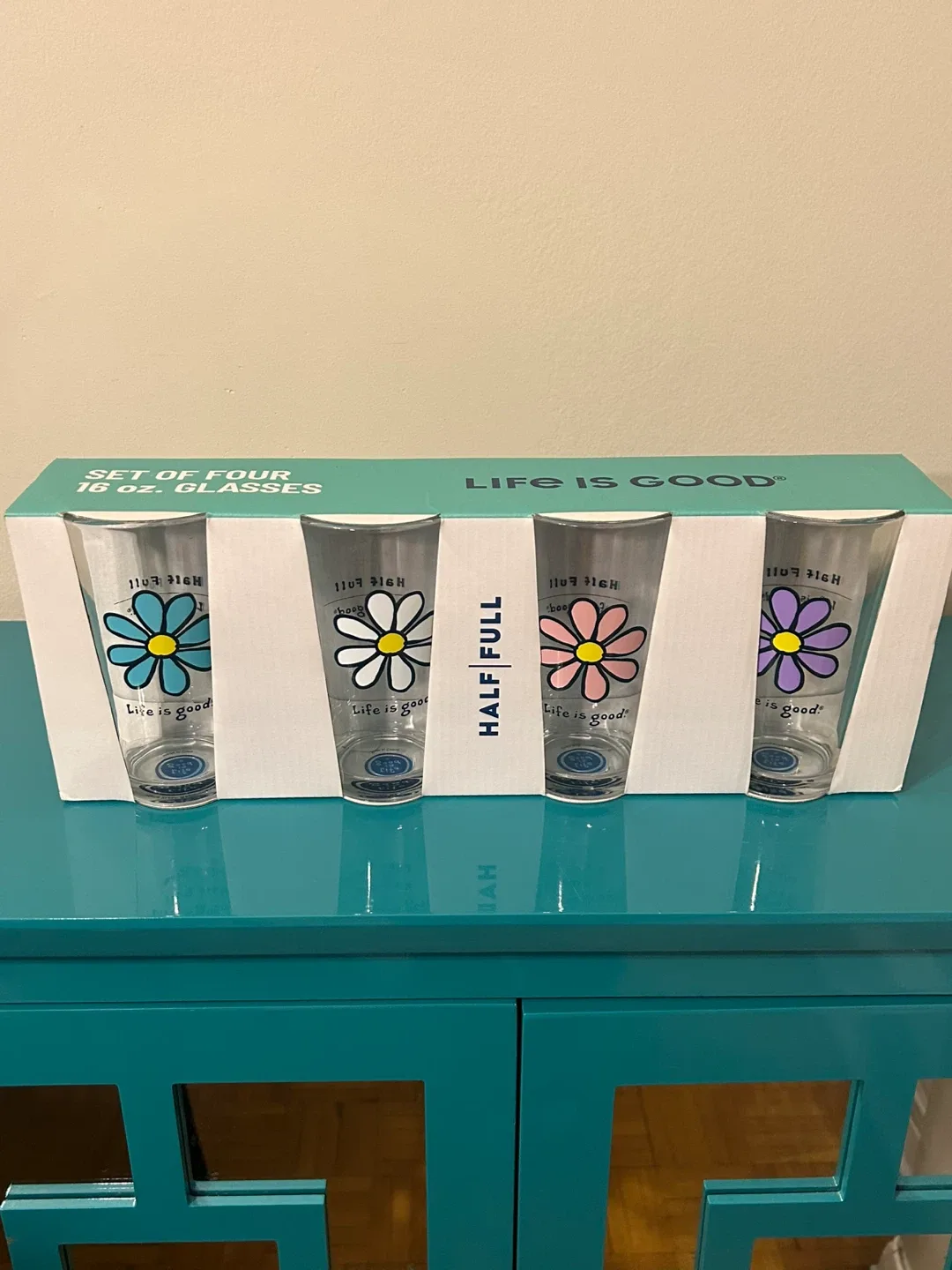 🌼 NEW “Half Full” Glass Set – 16oz (Set of 4)