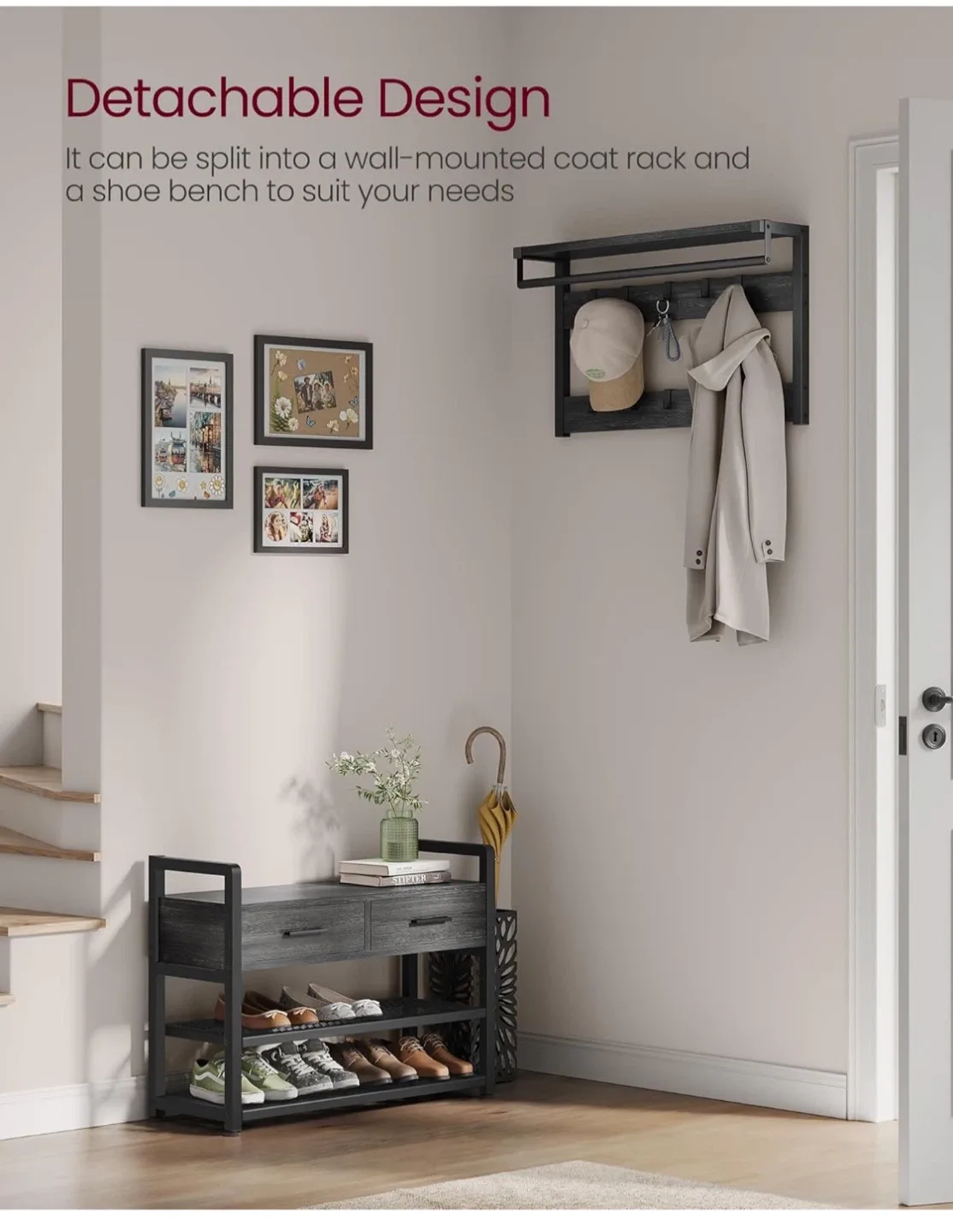 Entryway Hall Tree with Fabric Storage Bench, Grey image indicator(10)