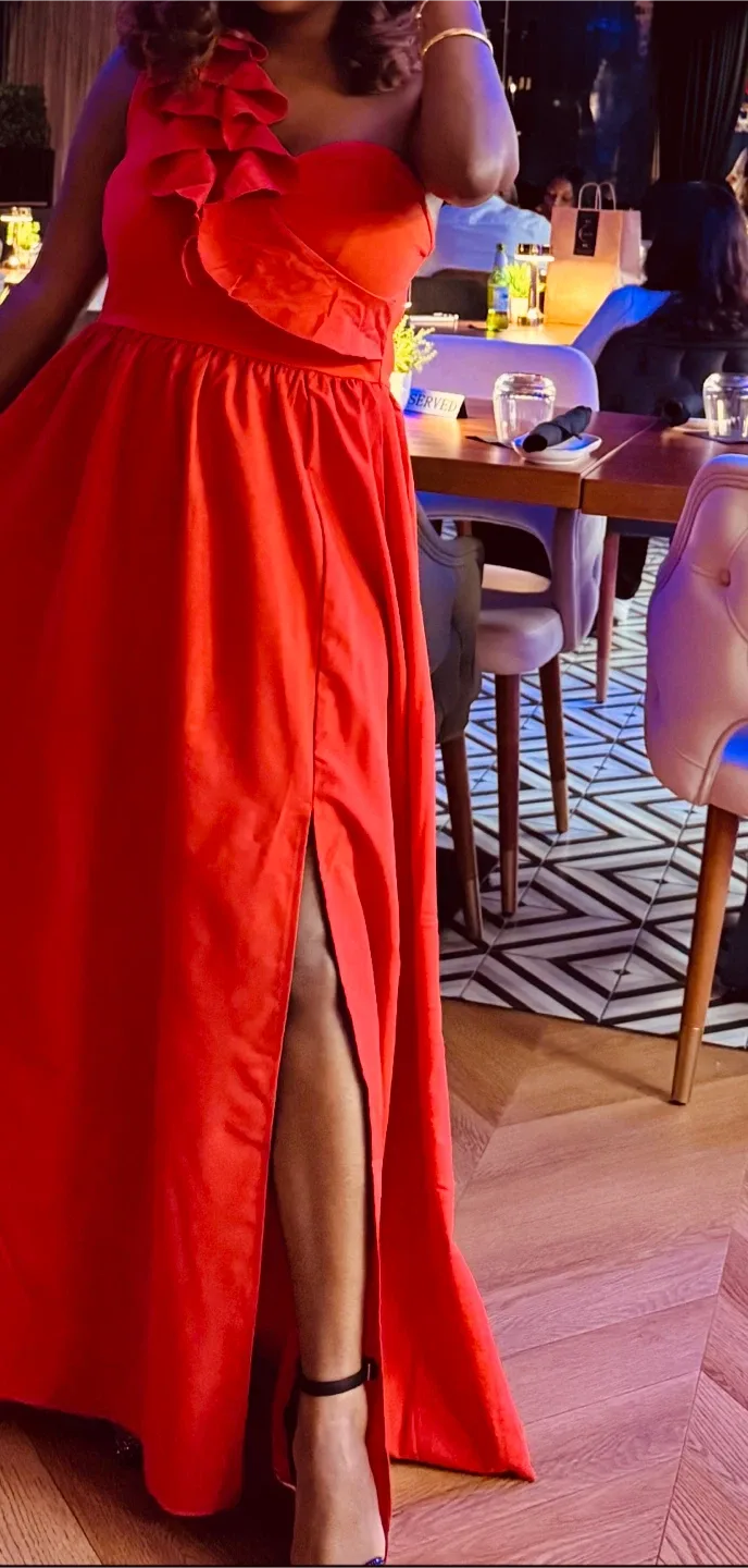 Red One-Shoulder Ruffle Maxi Dress image indicator(2)