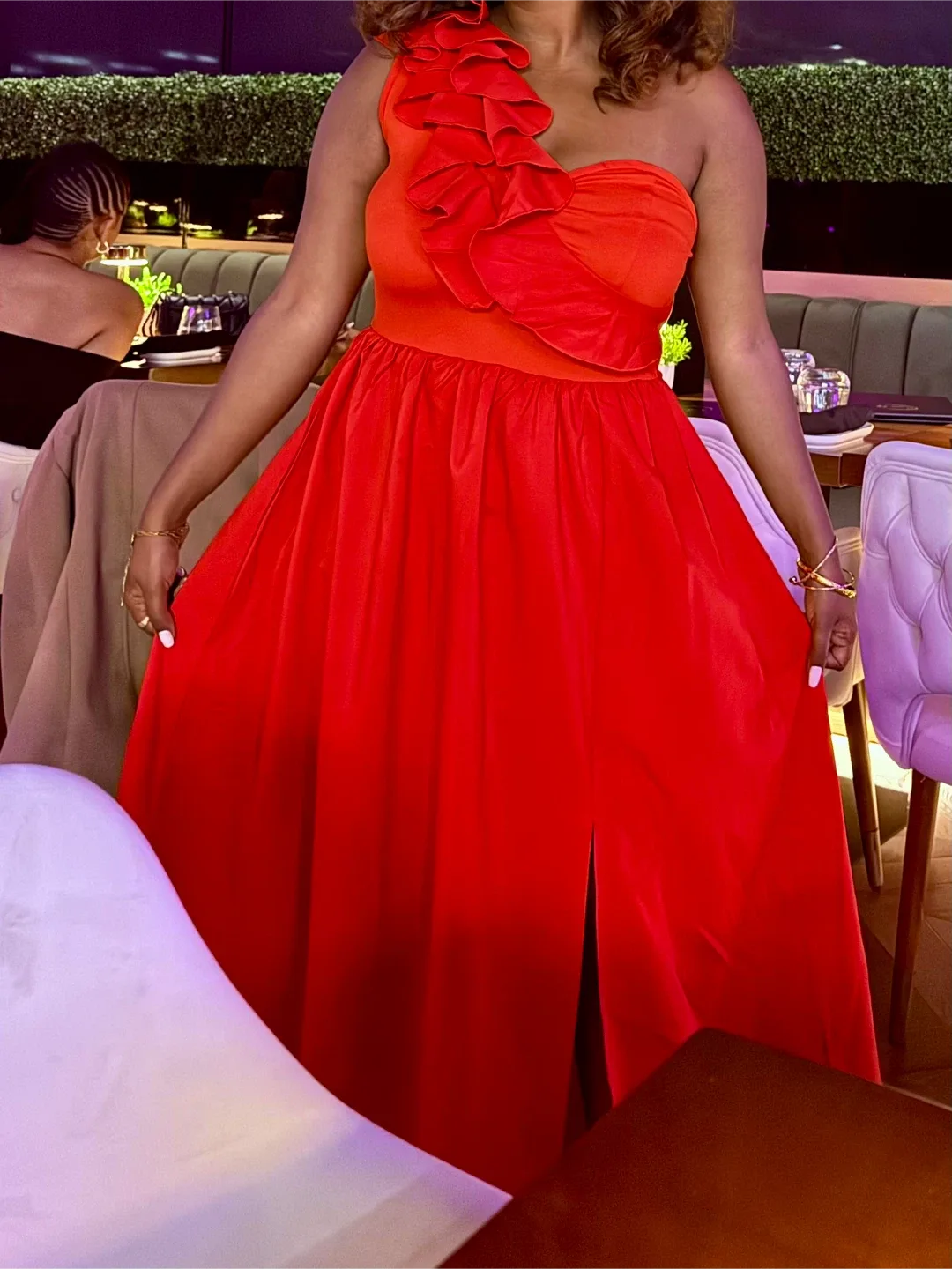 Red One-Shoulder Ruffle Maxi Dress image indicator(3)