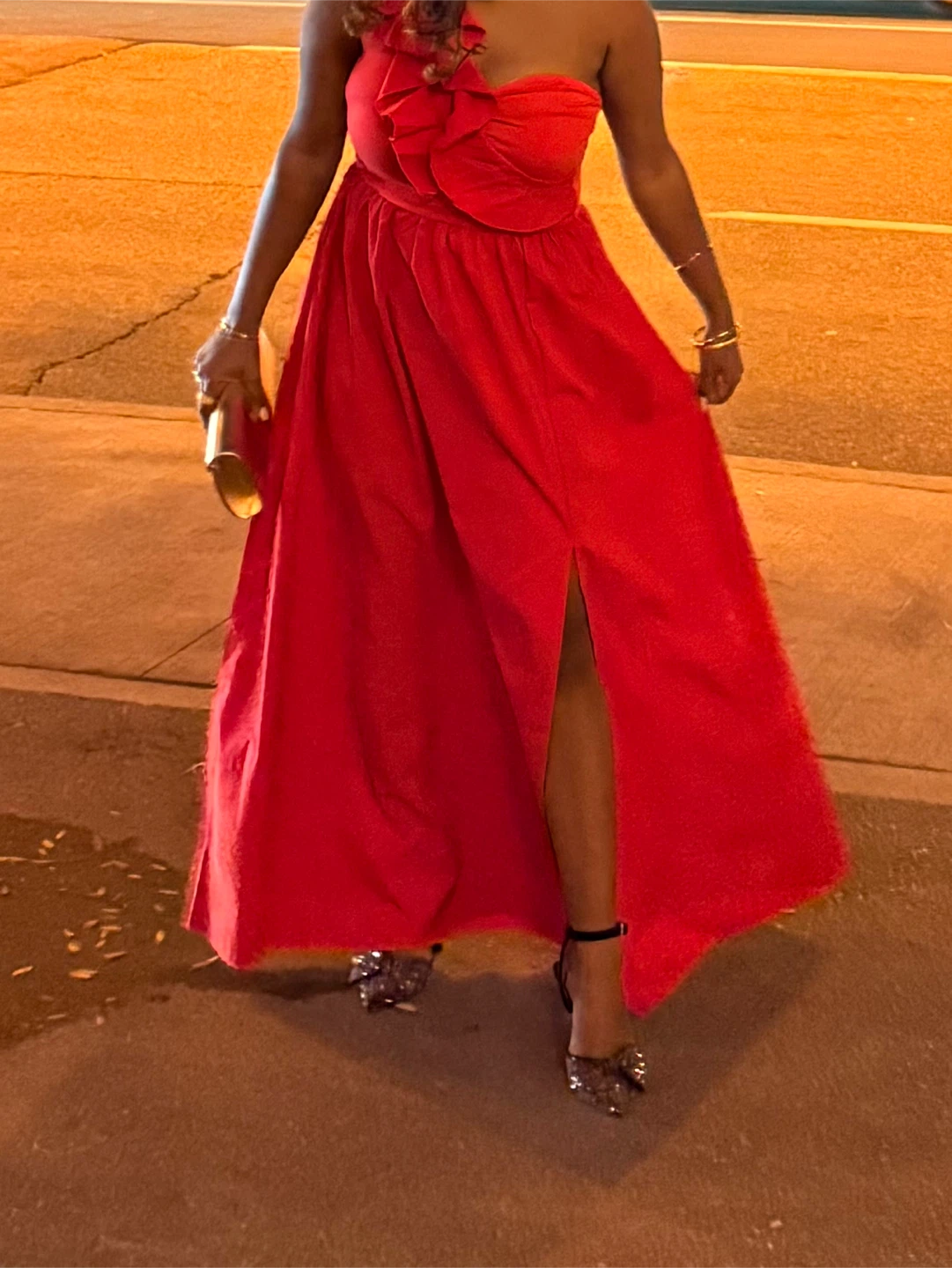 Red One-Shoulder Ruffle Maxi Dress