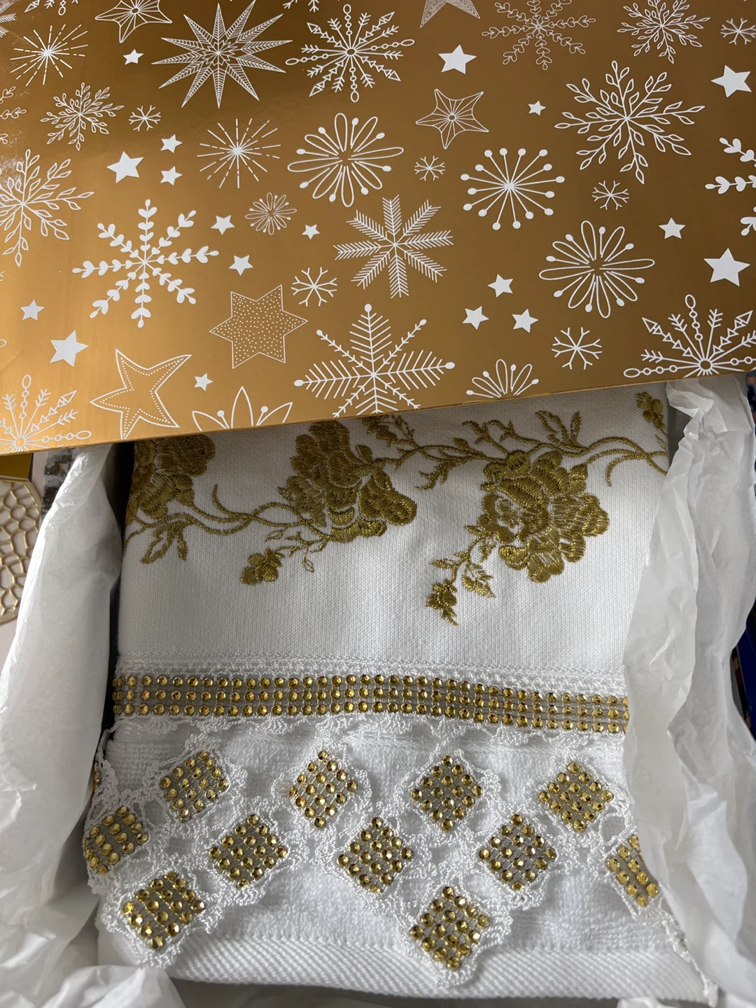 New White & Gold Embroidered Towel in Box! - photo 2