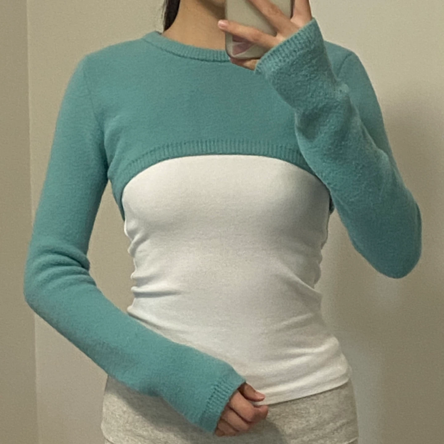 Zara Knit Cropped Bolero Shrug - Cream & Teal - photo 2