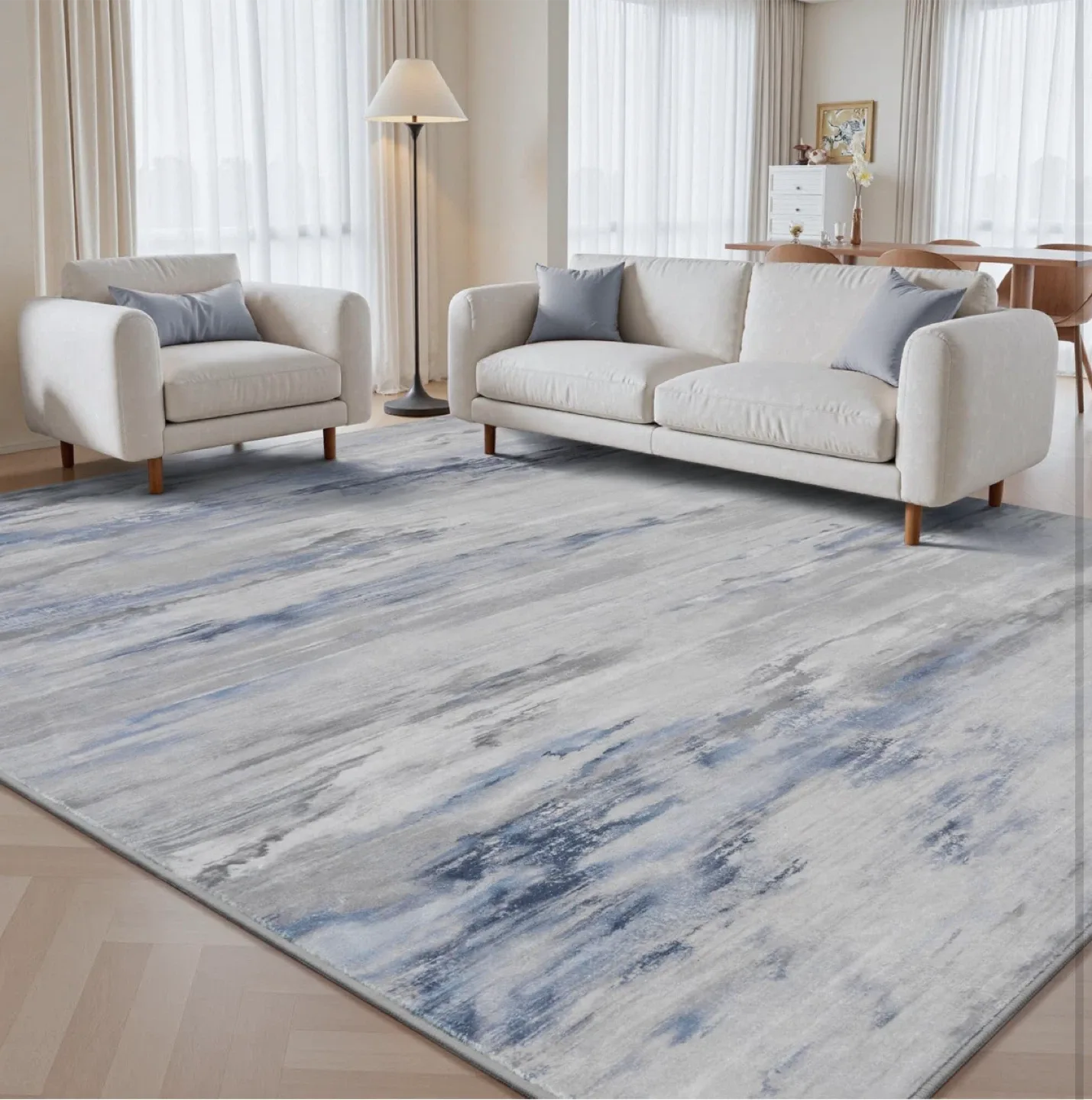 Abstract Blue & Grey Area Rug 7x5 ft- Machine Washable