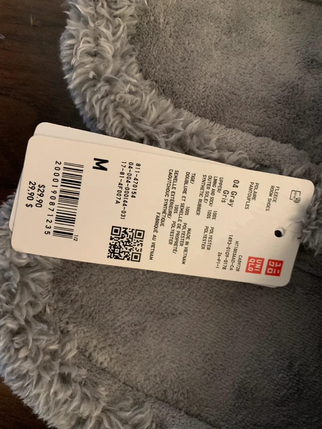 [Brand New] Uniqlo Fleece Room Shoes - Gray, Size M/L image indicator(2)