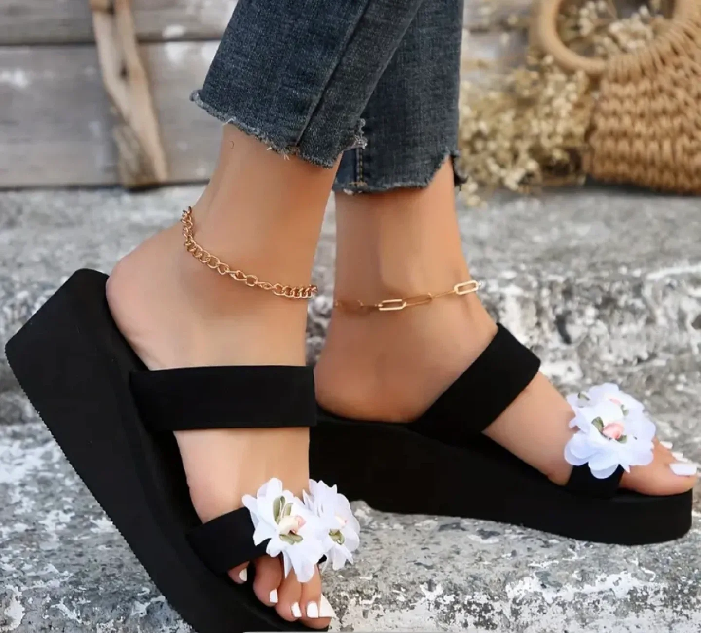 Black Wedge Sandals with Floral Detail image indicator(3)