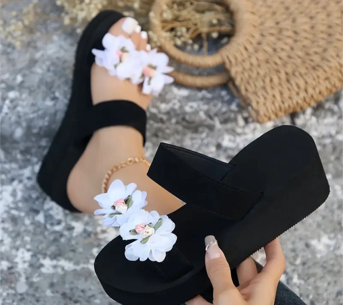 Black Wedge Sandals with Floral Detail