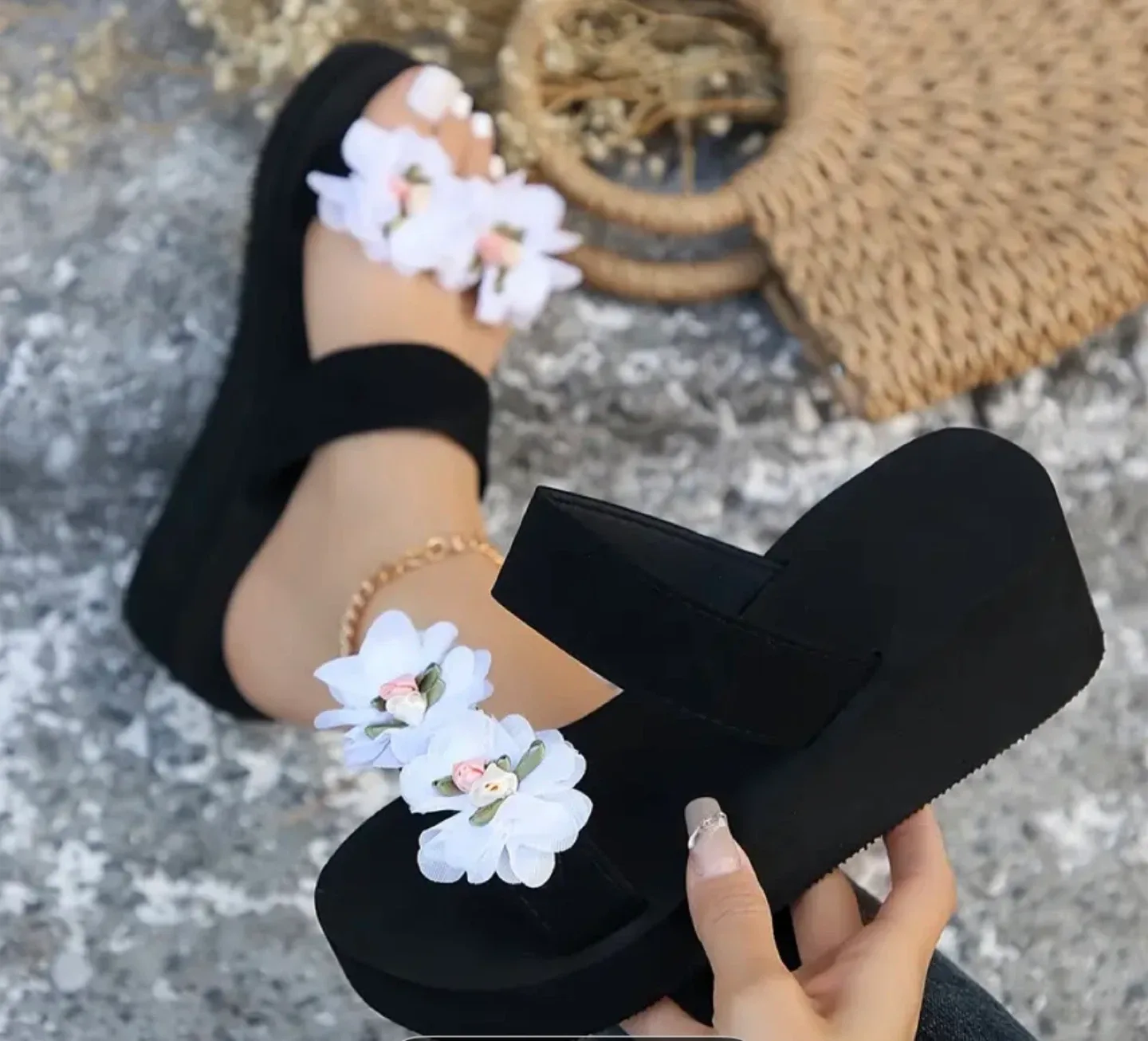 Black Wedge Sandals with Floral Detail image indicator(5)