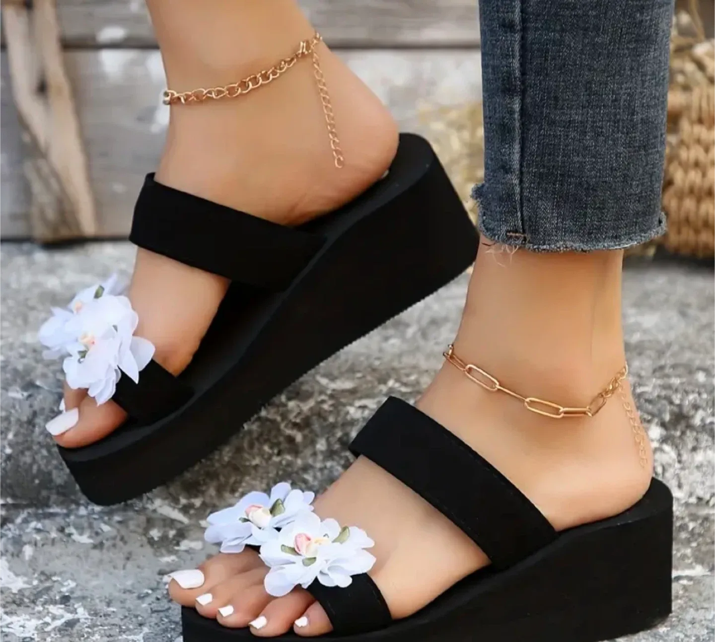 Black Wedge Sandals with Floral Detail image indicator(2)