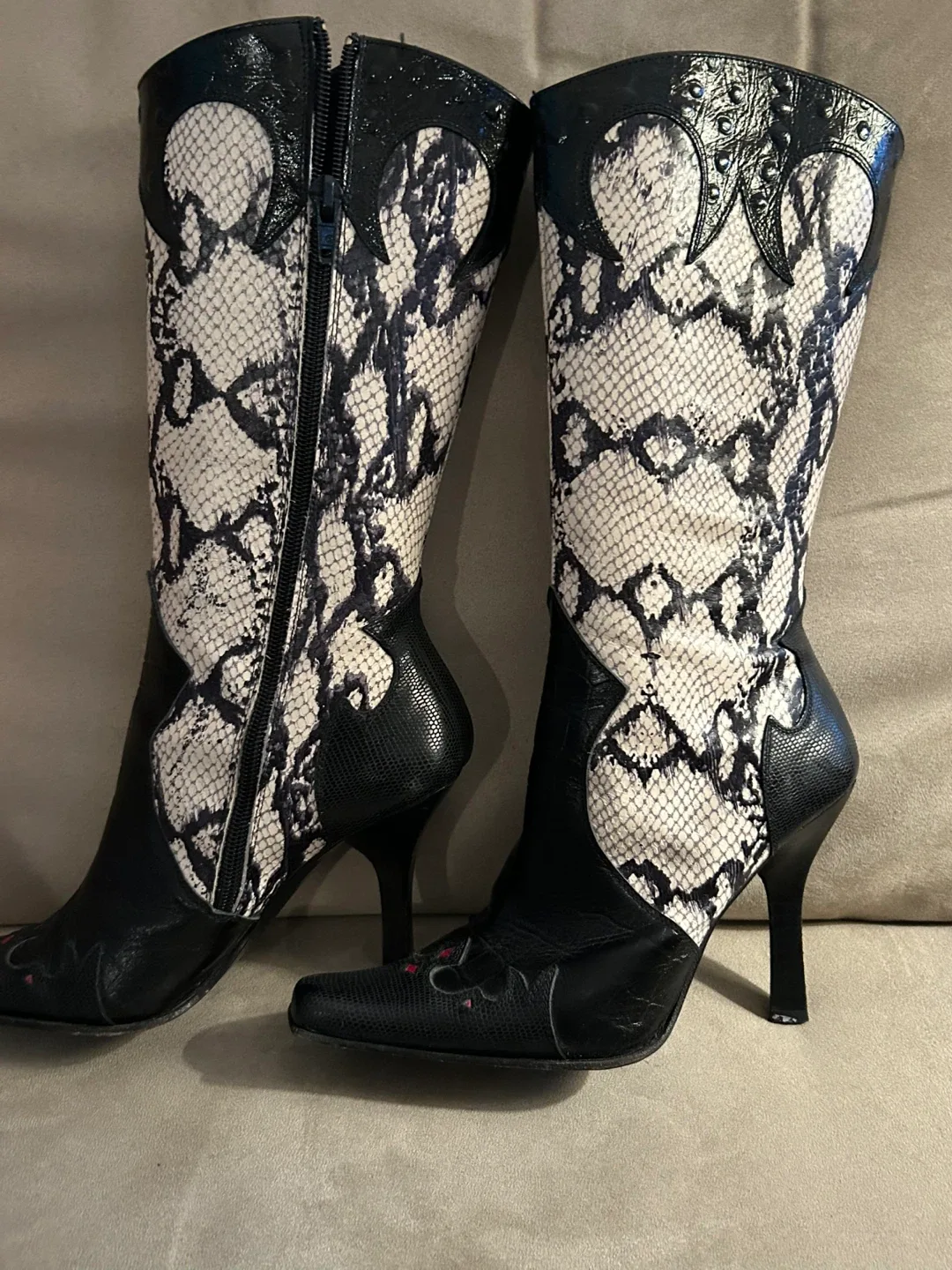 Bebe Black & White Faux Snakeskin Elegant Cowboy Boots image indicator(5)