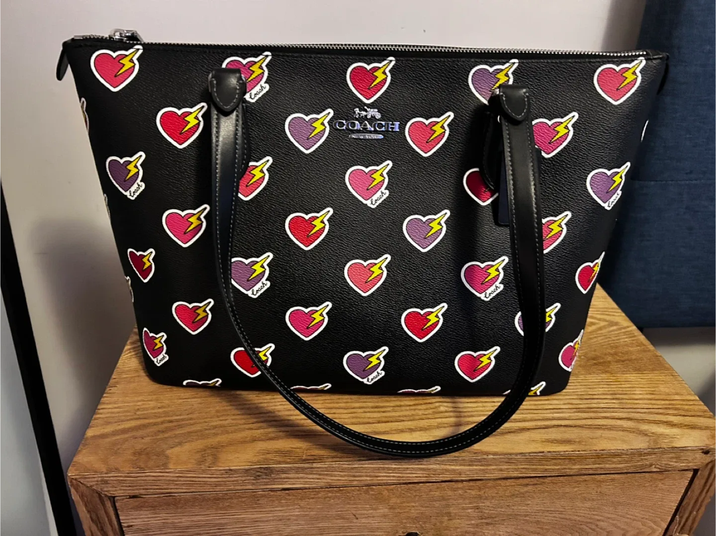Coach Black Leather Tote Bag with Heart Lightning Bolts thumbnail