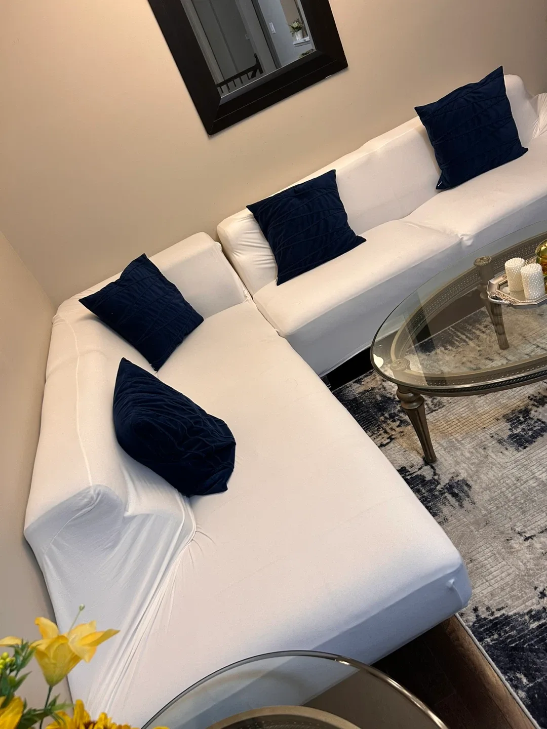 White Sectional Sofa with Navy Pillows image indicator(4)