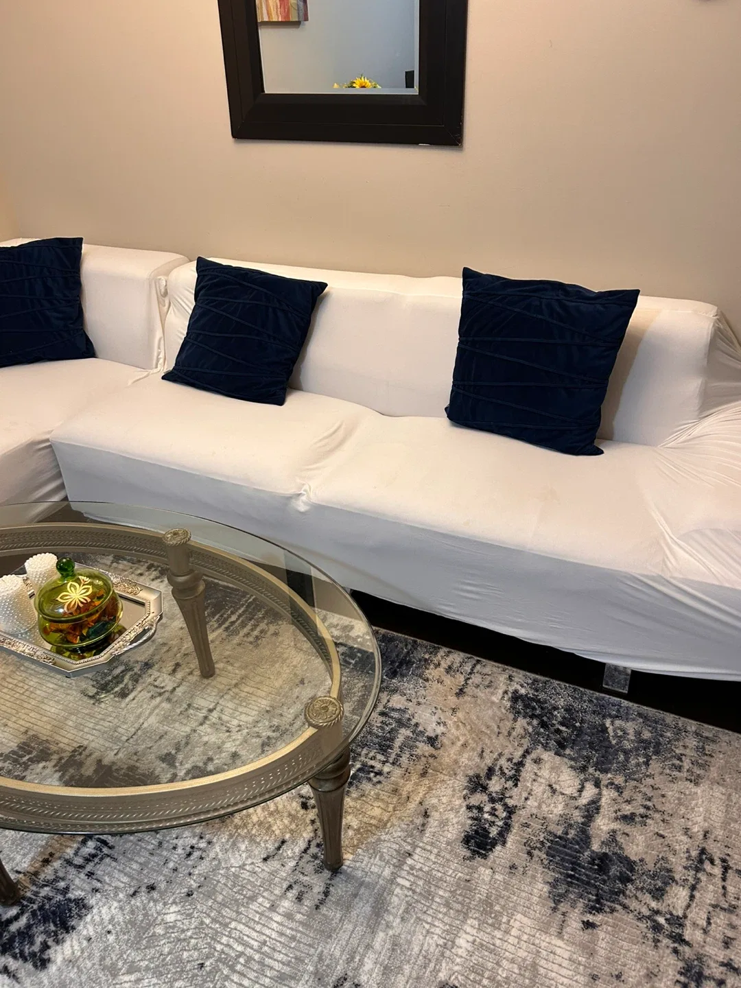 White Sectional Sofa with Navy Pillows image indicator(3)