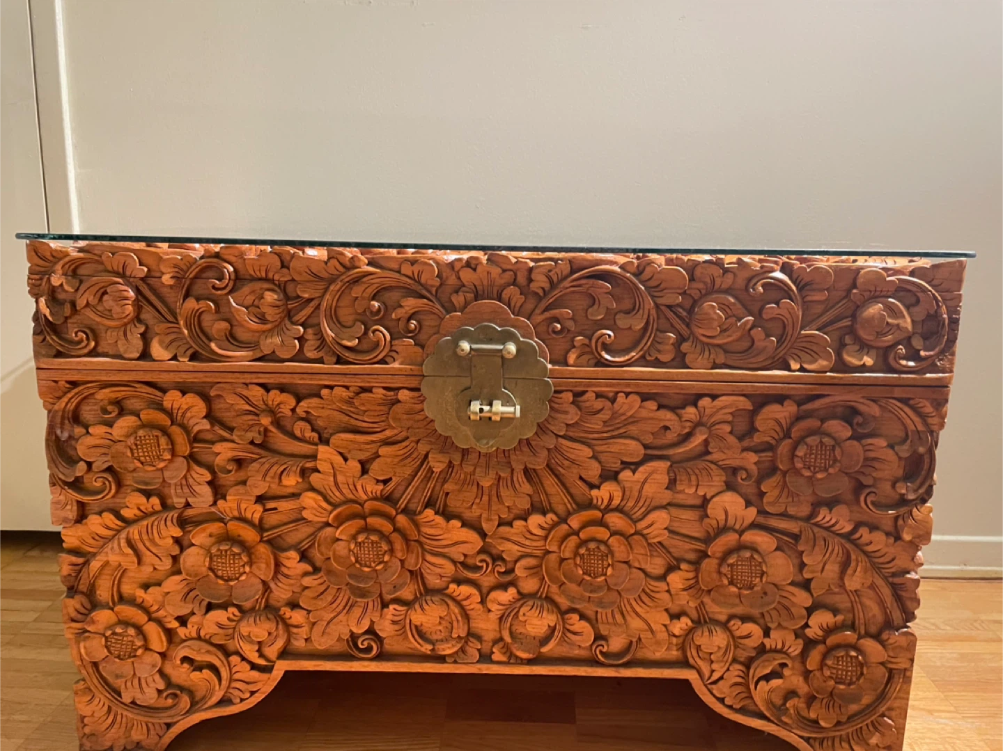 Hand-carved  floral decor solid wood chest with full glass