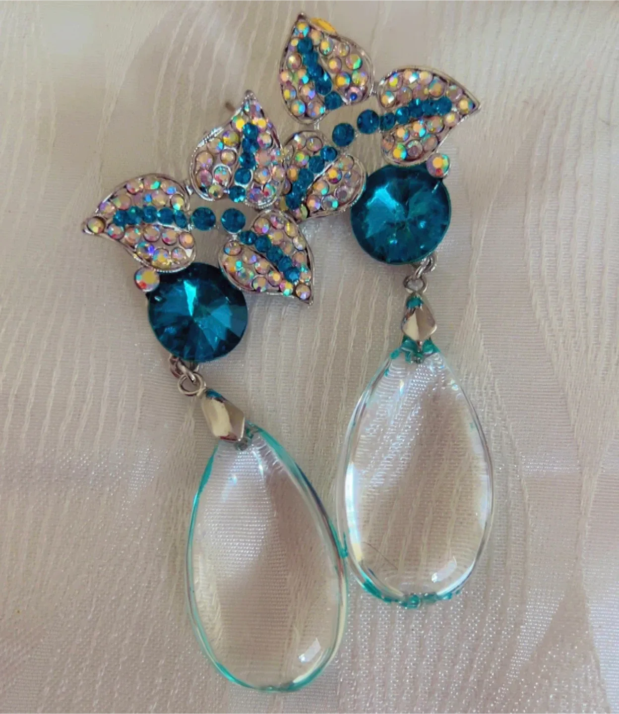 Teal & Clear Rhinestone Dangle Earrings